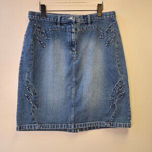 Vintage Women's 14 Denim Mini Skirt Blue Embroidered Leaf Detail 90s Cotton Retr